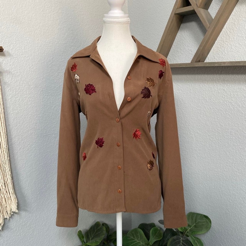 BROWN EMBROIDERED AUTUMN LEAVES BUTTON DOWN LONG SLEEVE TOP GRUNGE CHIC GRANOLA